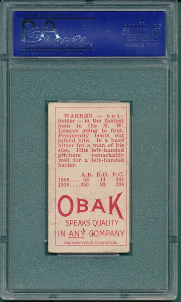 1911 T212-3 Warren Obak Cigarettes PSA 4