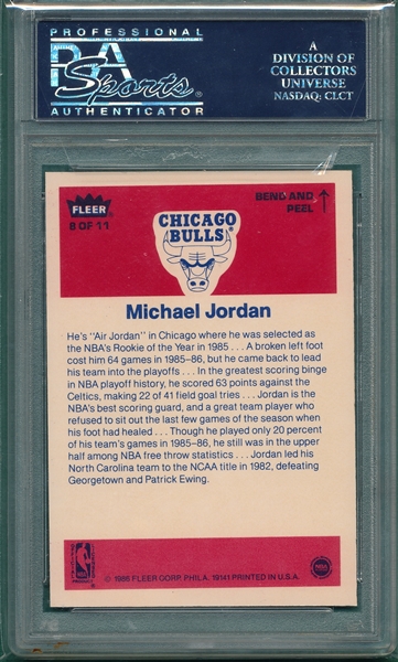 1986 Fleer BSKT Sticker #8 Michael Jordan PSA 8
