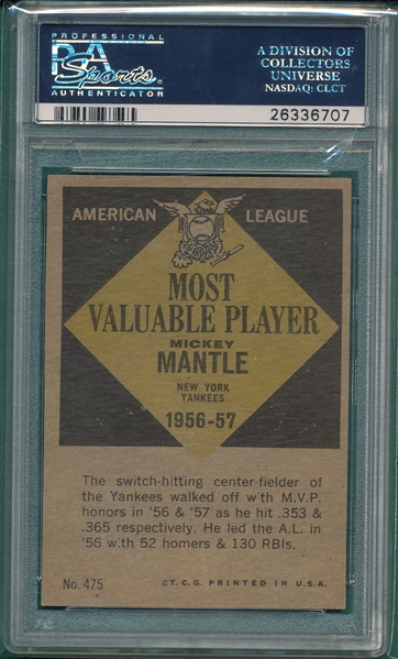 1961 Topps #475 Mickey Mantle, MVP, PSA 7