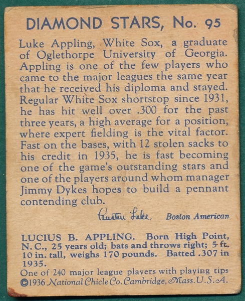 1934-36 Diamond Stars #95 Luke Appling