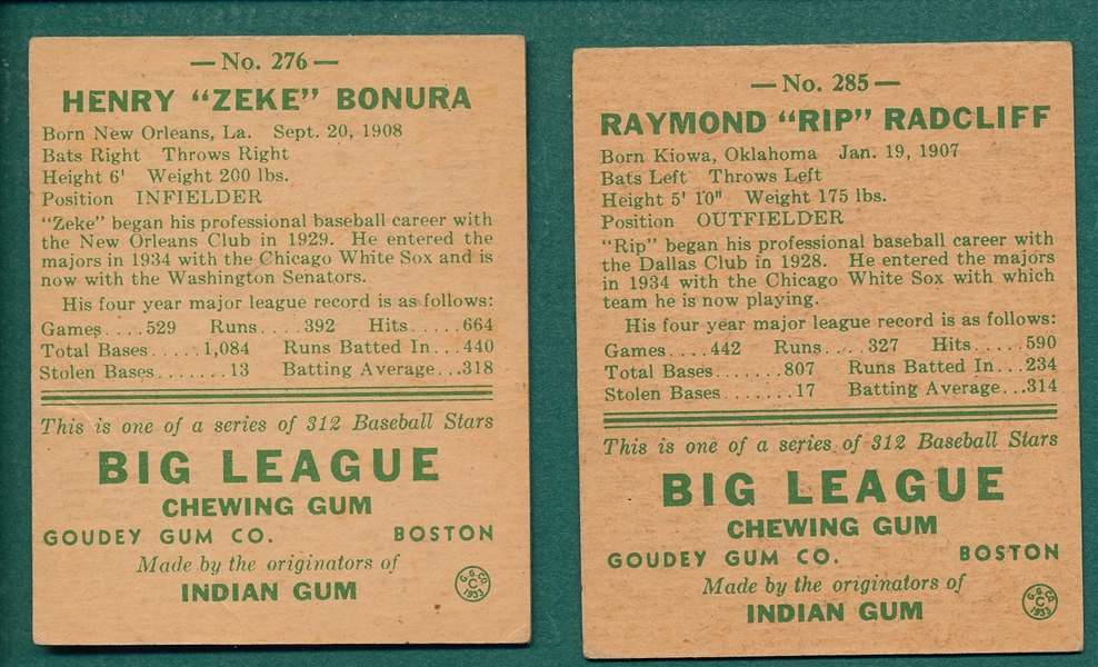 1938 Goudey #276 Bonura & #285 Radcliff, Lot of (2)