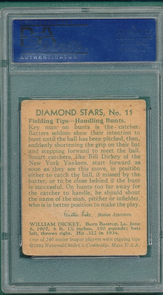 1934-36 Diamond Stars #11 Bill Dickey PSA 2 