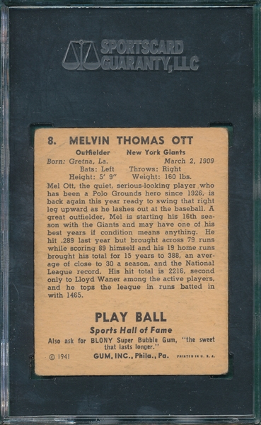 1941 Play Ball #8 Mel Ott SGC 40
