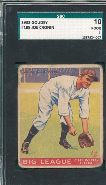 1933 Goudey #189 Joe Cronin SGC 10