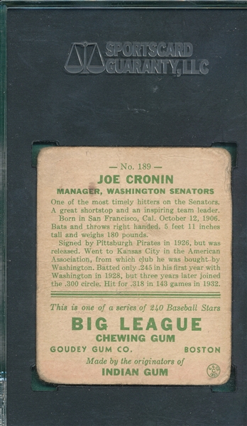 1933 Goudey #189 Joe Cronin SGC 10