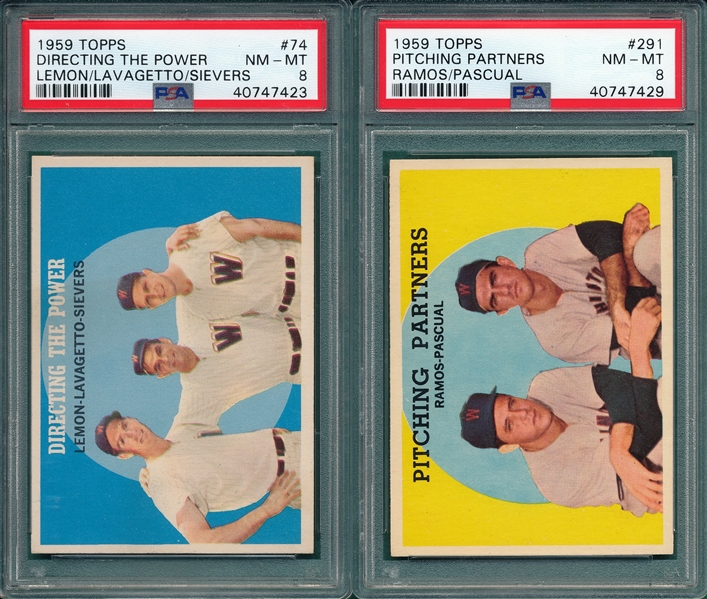 1959 Topps #74 Directing The Power & #291 Pitching Partner, Lot of (2), PSA 8