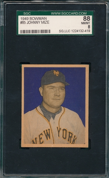 1949 Bowman #85 Johnny Mize, No Name, SGC 88