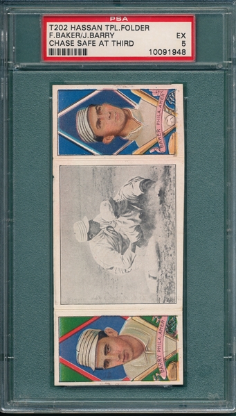 1912 T202 Chase Safe At Third, Barry/Baker, Hassan Cigarettes, PSA 5