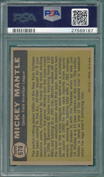 1961 Topps #578 Mickey Mantle, AS, PSA 8 *Hi #*