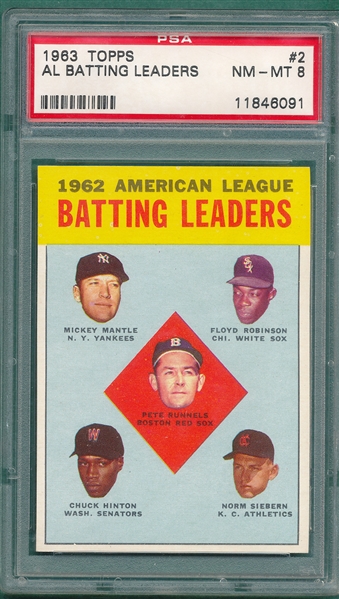 1963 Topps #2 AL Batting Leaders W/ Mantle PSA 8