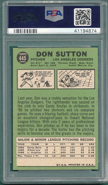 1967 Topps #445 Don Sutton PSA 8
