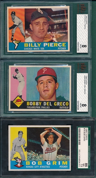 1960 Topps #78 Grim SGC 86, #159 Pierce BVG 8 and #486 Del Greco BVG 8, Lot of (3) 