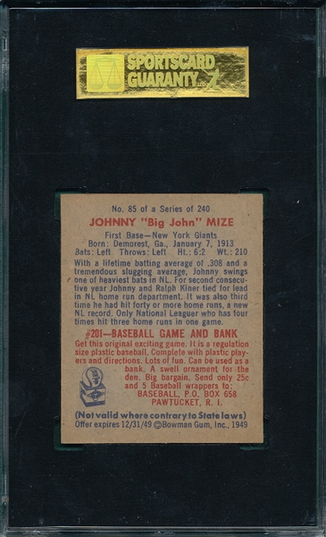 1949 Bowman #85 Johnny Mize, No Name, SGC 88