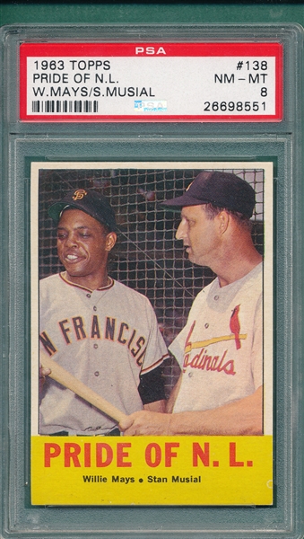 1963 Topps #138 Pride of NL W/ Mays & Musial PSA 8