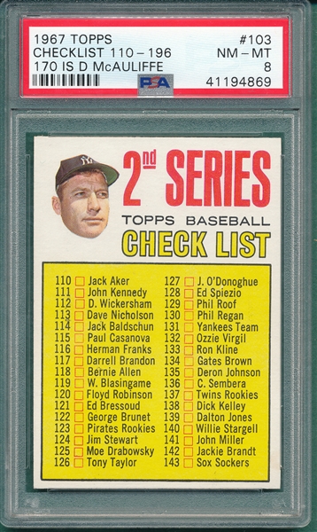 1967 Topps #103 Checklist 2nd W/ Mantle, 170 D. McAuliffe, PSA 8