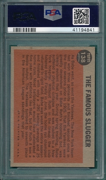 1962 Topps #138 Babe Ruth Special, The Famous Slugger, PSA 8 *Green Tint*