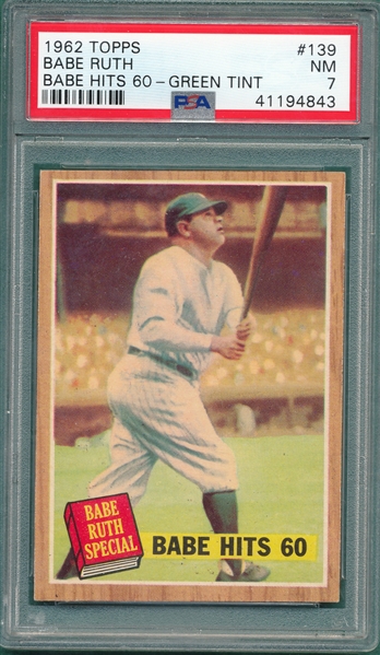 1962 Topps #139 Babe Ruth Special, Babe Hits 60, PSA 7 *Green Tint*