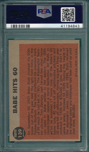 1962 Topps #139 Babe Ruth Special, Babe Hits 60, PSA 7 *Green Tint*