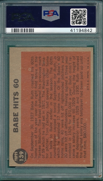 1962 Topps #139 Babe Ruth Special, Babe Hits 60, PSA 8