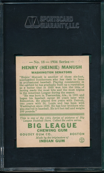 1934 Goudey #18 Heinie Manush SGC 88