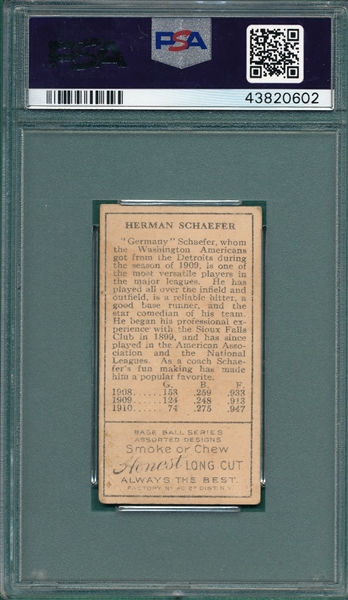 1911 T205 Schaefer Honest Long Cut PSA 3