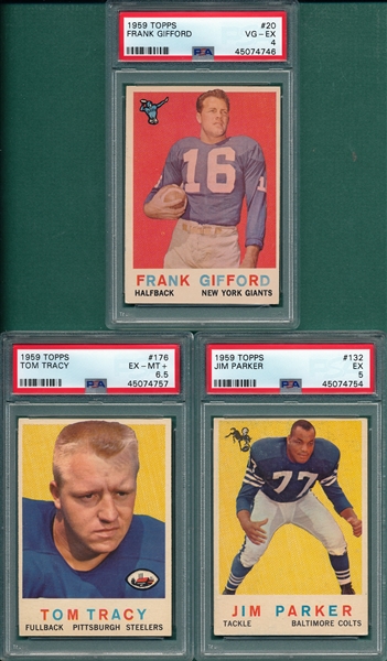 1959 Topps FB #20 Gifford, #132 Parker & #175 Tracy, Lot of (3) PSA 