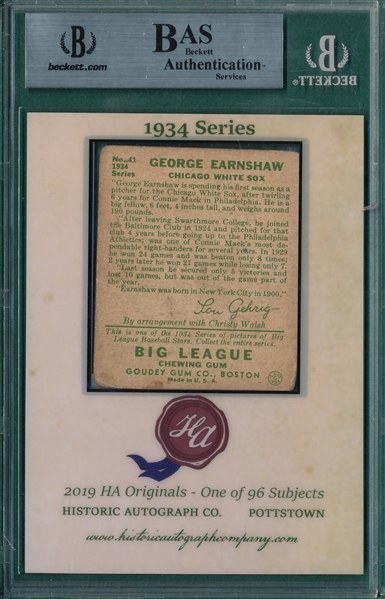 2019 Historic Autographs, 1934 Goudey, #41 George Earnshaw, 17/26, Beckett Authentic