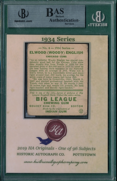 2019 Historic Autographs, 1934 Goudey, #4 Woody English, 13/28, Beckett Authentic