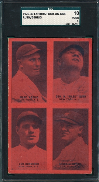 1929-30 Exhibits Four-On-One W/ Durocher, Gehrig & Babe Ruth, PC Back, SGC 10 *Red*