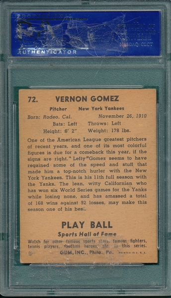 1941 Play Ball #72 Lefty Gomez PSA 6