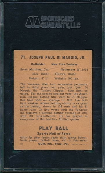 1941 Play Ball #71 Joe DiMaggio SGC 60