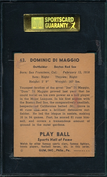 1941 Play Ball #63 Dom DiMaggio SGC 70 *Rookie*