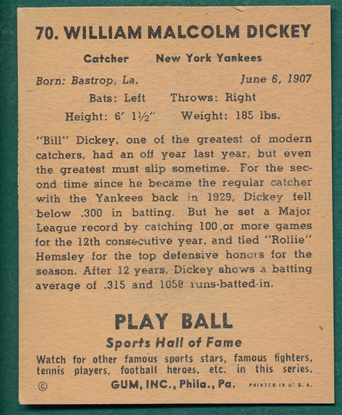 1941 Play Ball #70 Bill Dickey