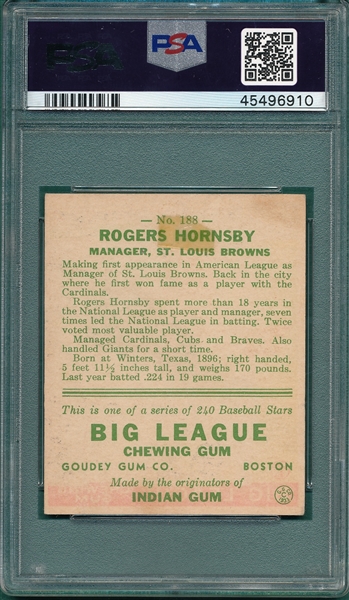 1933 Goudey #188 Rogers Hornsby PSA 2