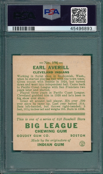 1933 Goudey #194 Earl Averill PSA 2