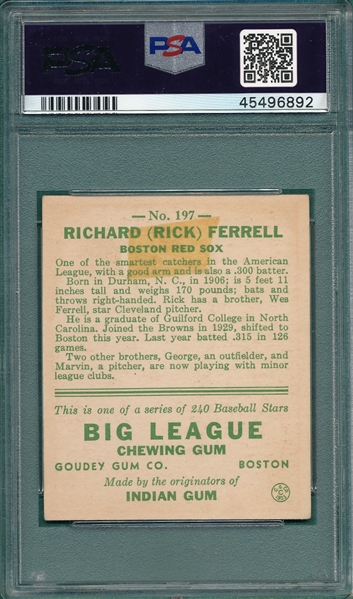 1933 Goudey #197 Rick Ferrell PSA 2