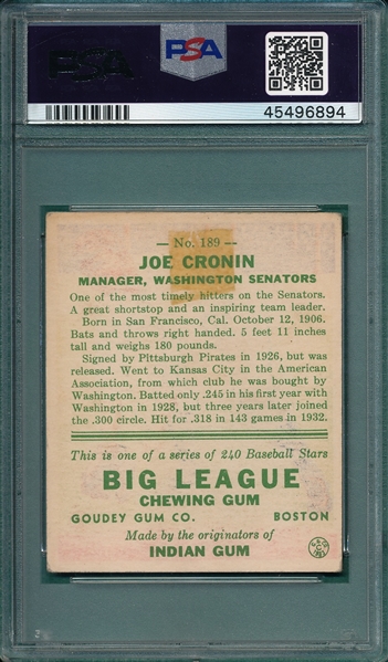 1933 Goudey #189 Joe Cronin PSA 2