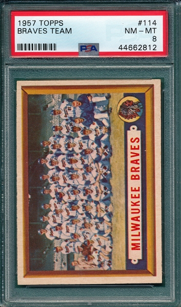1957 Topps #114 Braves Team PSA 8