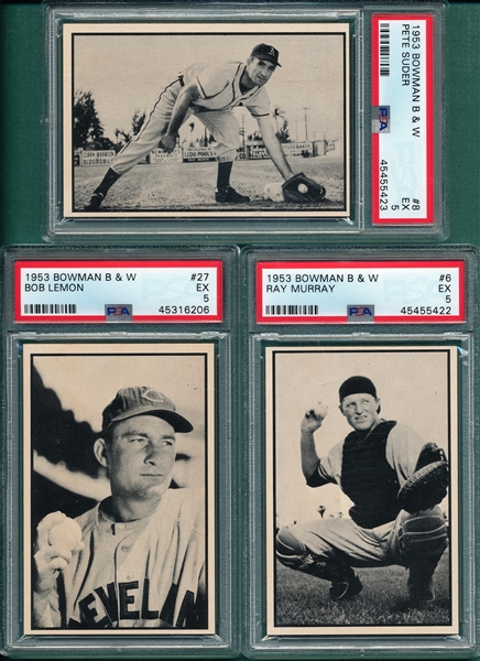 1953 Bowman B & W, #6 Murray, #8 Suder & #27 Bob Lemon, Lot of (3) PSA 5