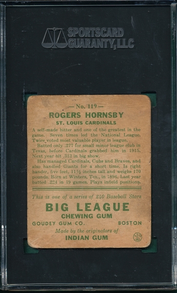 1933 Goudey #119 Rogers Hornsby SGC 2