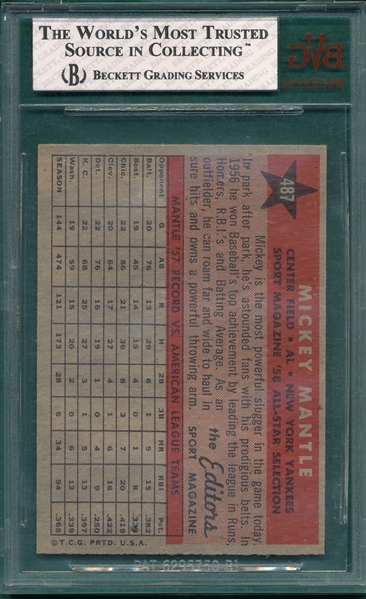 1958 Topps #487 Mickey Mantle, AS, BVG 6