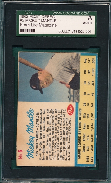 1962 Post Cereal #5 Mickey Mantle, Life Magazine, SGC Authentic