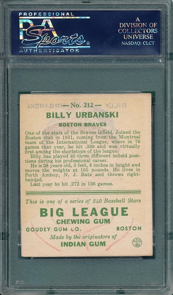 1933 Goudey #212 Billy Urbanski PSA 4
