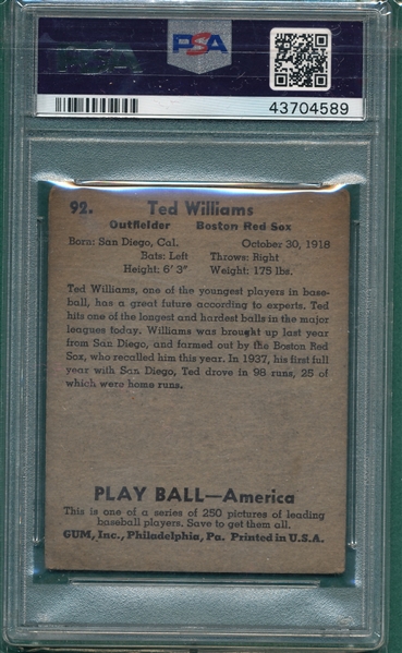 1939 Play Ball #92 Ted Williams PSA 2.5 *Rookie*