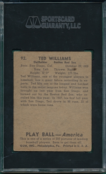 1939 Play Ball #92 Ted Williams SGC 3 *Rookie*