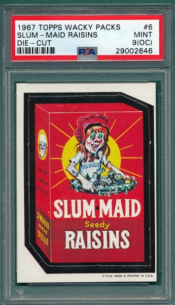 1967 Topps Wacky Packs #6 Slum-Maid Raisins, Die-Cut, PSA 9 (OC)