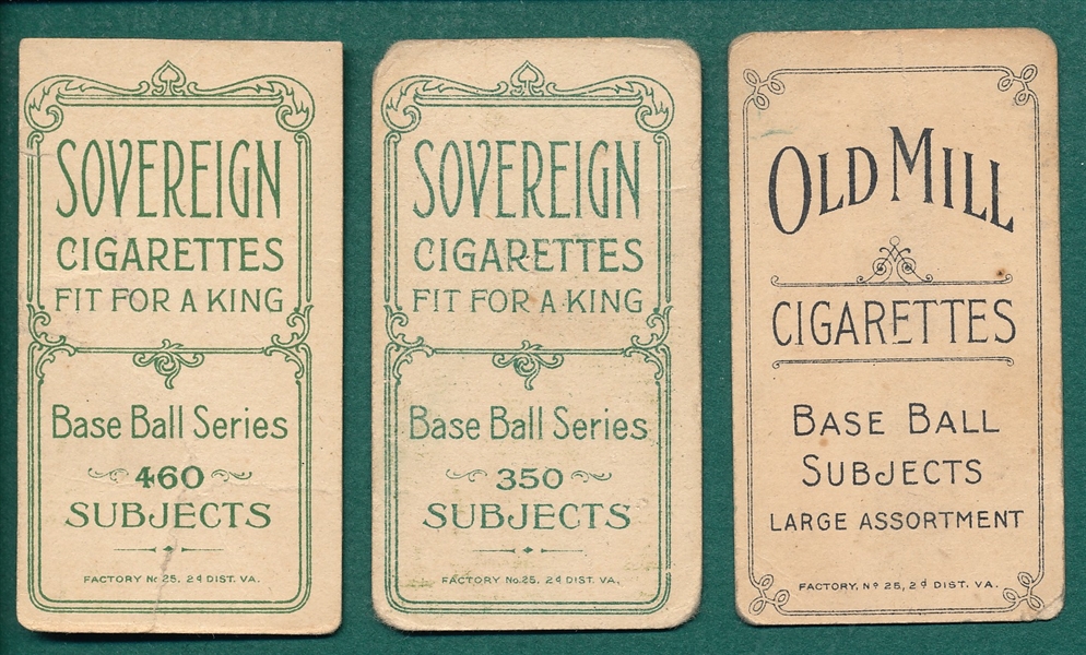 1909-1911 T206 Donlin, Old Mill, Purtell & Ford, Sovereign Cigarettes, Lot of (3)