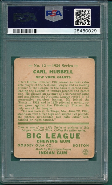 1934 Goudey #12 Carl Hubbell PSA 1.5