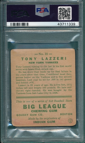 1933 Goudey #31 Tony Lazzeri PSA 2