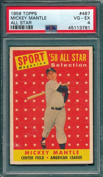 1958 Topps #487 Mickey Mantle, AS, PSA 4